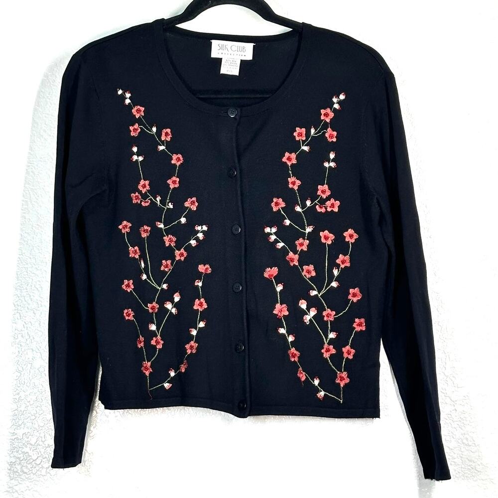 S Top Knit Y2K black beaded embellished cardigan Silk Club floral embroidery